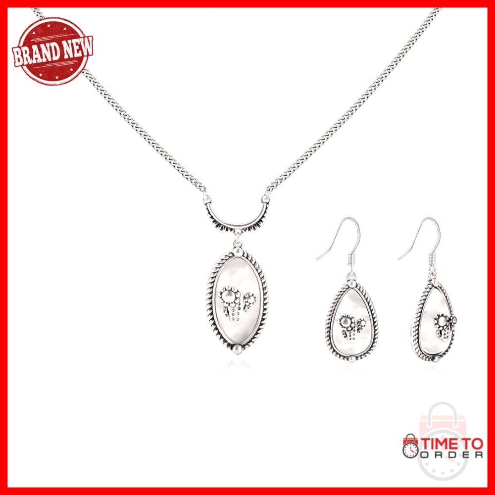 Silver Plated Turquoise Cactus Jewelry Set Necklace Earrings Women